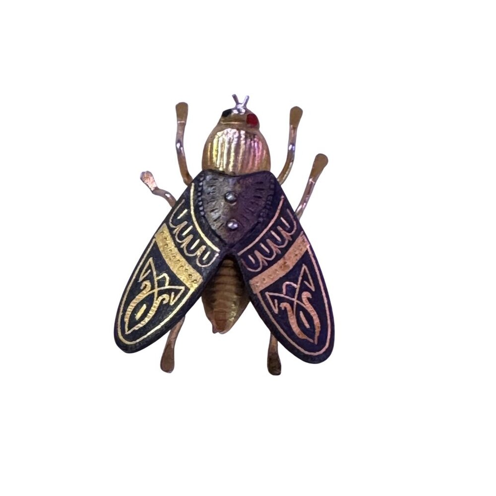 Vtg 70s Insect Brooch/Pin Gold Tone Black Enamel Wings Geometric Pattern Wings - Picture 3 of 7